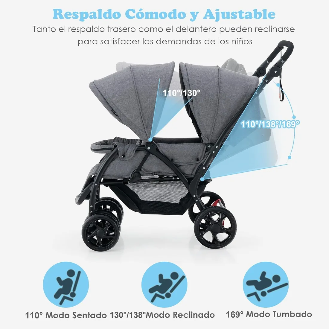 COSTWAY Carrito Gemelar Plegable, Silla de Paseo Doble Carga hasta 30kg, Sillita Doble para Gemelos con Cinturón de Seguridad de 5 Puntos, Respaldo Ajustable y Ruedas Bloqueables (Gris) foto 3