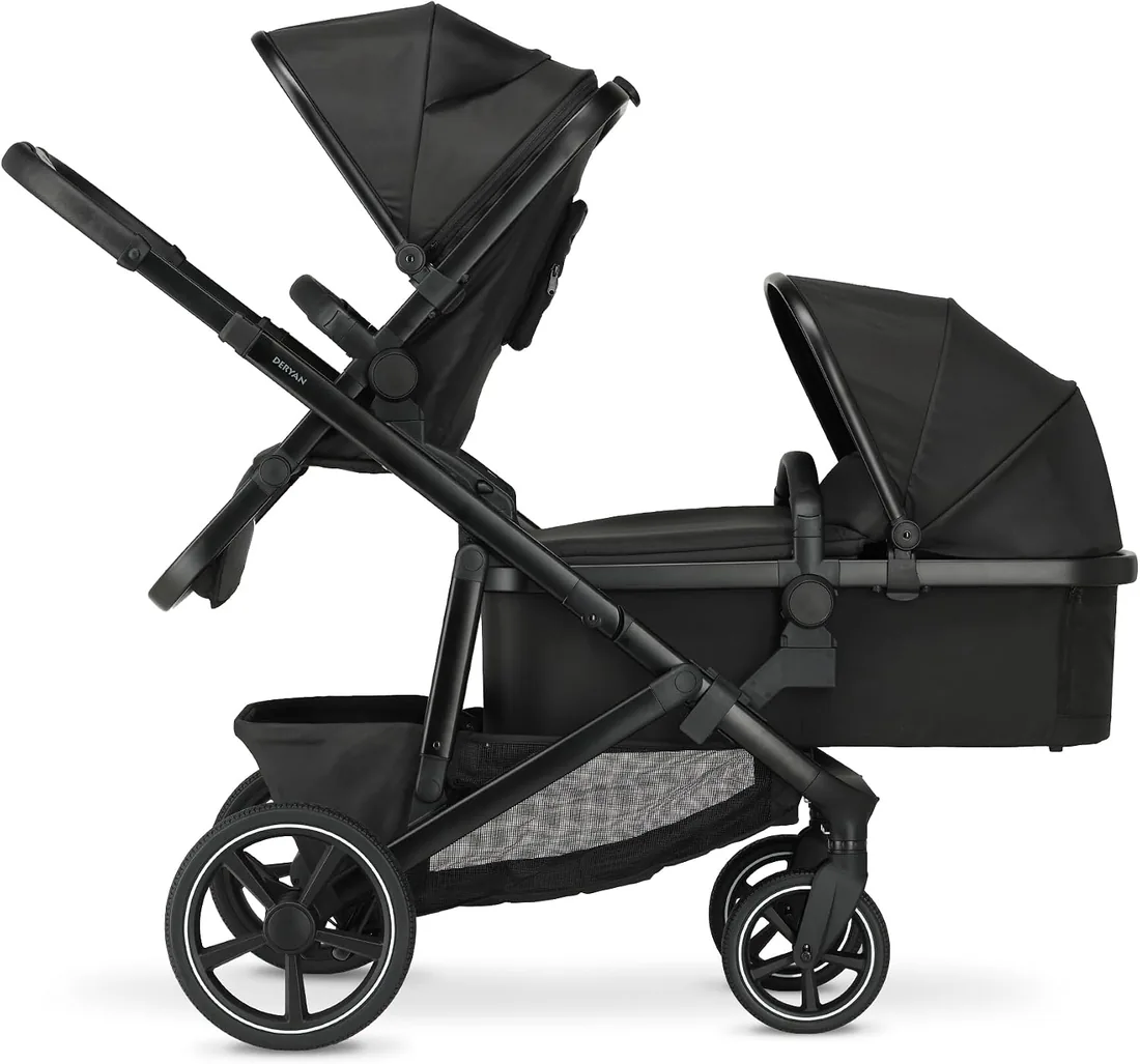 Deryan Evy V2 cochecito para 2 niños - para recién nacidos, niños pequeños y niños en edad preescolar - carrito de bebé hasta 50 kg - carrito de bebé - cochecito de viaje 2 en 1 set (Negro)