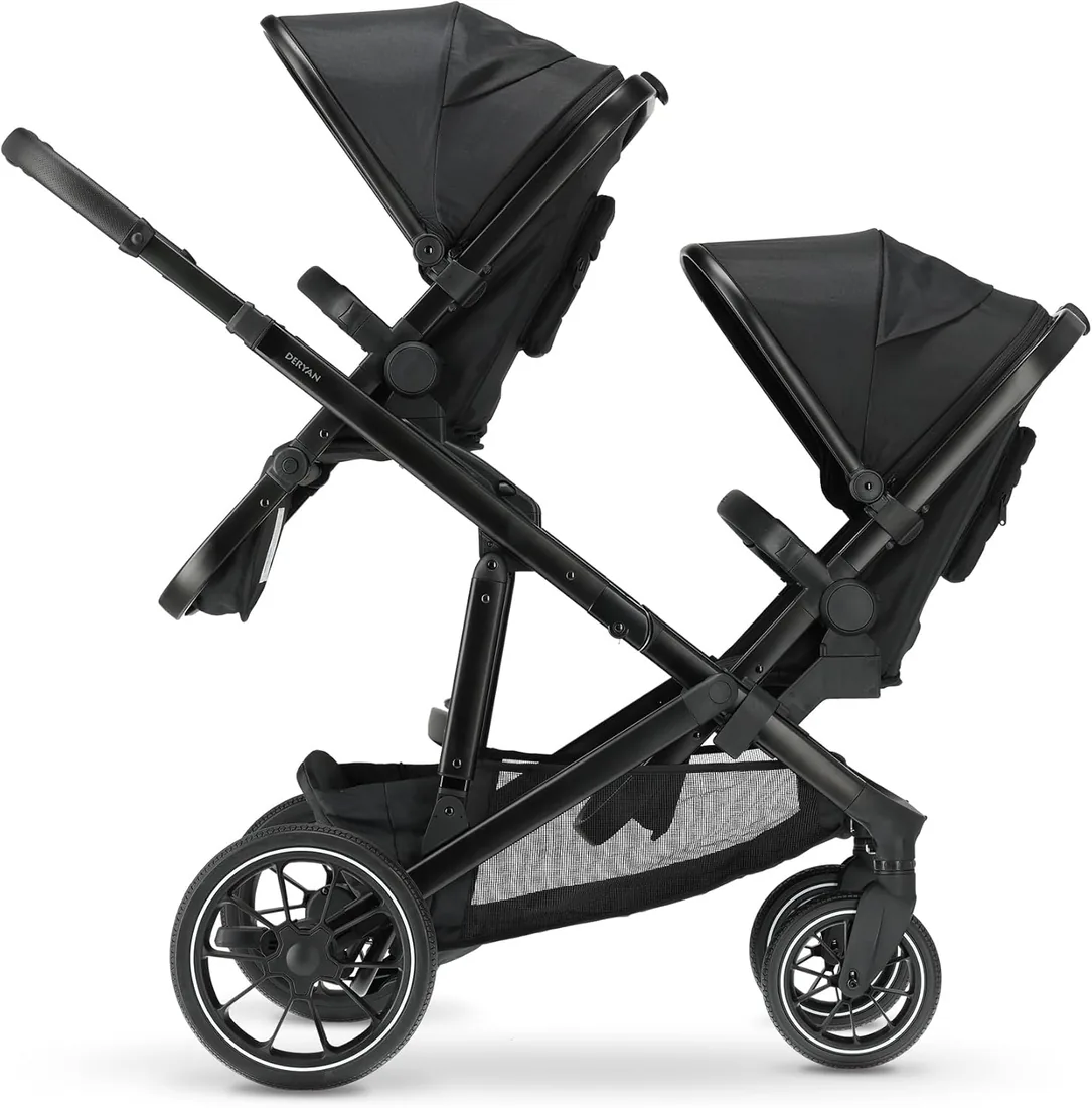 Deryan Evy V2 cochecito para 2 niños - para recién nacidos, niños pequeños y niños en edad preescolar, carrito de bebé hasta 50kg, 0 a 4 años, carrito de bebé, 2 sillas para bebe (Negro)