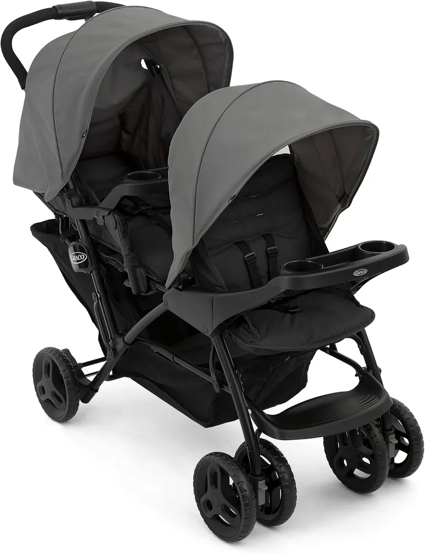 Graco - Stadium Duo Cochecito doble ultramanejable. Desde el nacimiento hasta los 3 años aprox. (máx. 15 kg), color Titanium, Sistema Click Connect compatible con 2 sillas portabebés