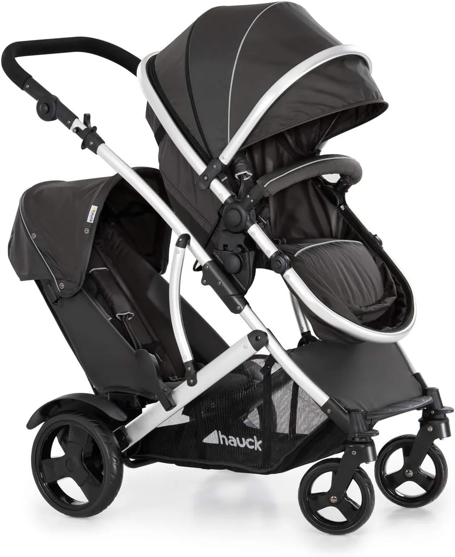 hauck Duett 2 Silla de Paseo Gemelar para Bebé y Niño Pequeño, Black Forest | Carro doble bebé con burbuja de lluvia, asiento superior convertible en capazo, segundo asiento desde 6 meses, 2 x 15 kg