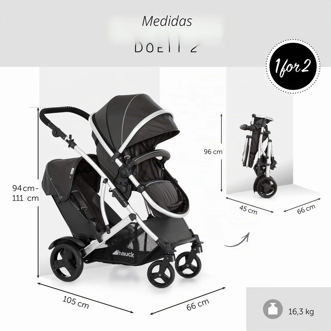 hauck Duett 2 Silla de Paseo Gemelar para Bebé y Niño Pequeño, Black Forest | Carro doble bebé con burbuja de lluvia, asiento superior convertible en capazo, segundo asiento desde 6 meses, 2 x 15 kg foto 3
