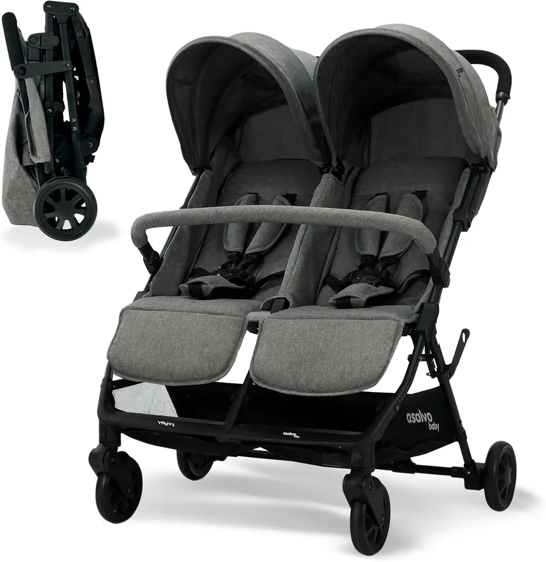 Silla de Paseo Doble para Gemelos o Hermanos, Ligera, Reclinable y Plegable con Capotas y Freno Trasero – Asalvo DOUBLE HENRY Gris foto 2
