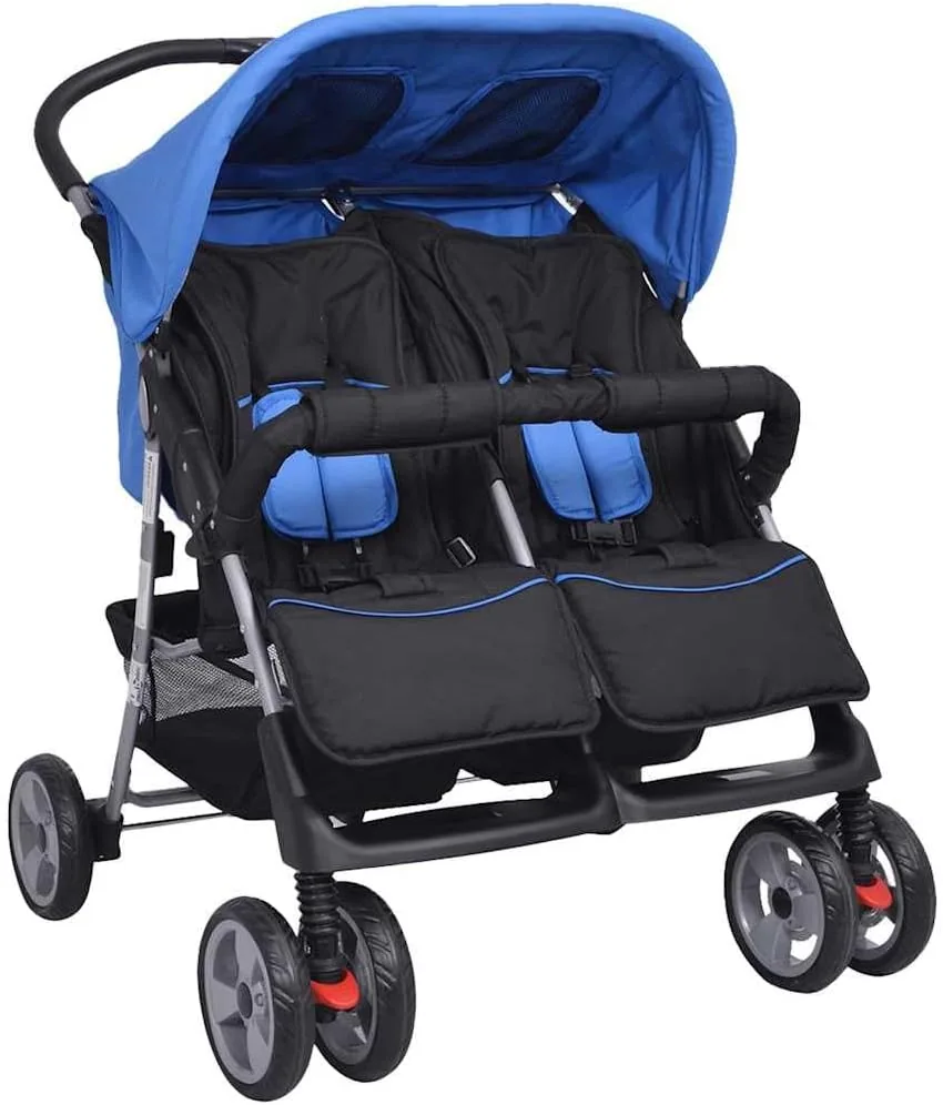 vidaXL Cochecito gemelar de acero azul y negro