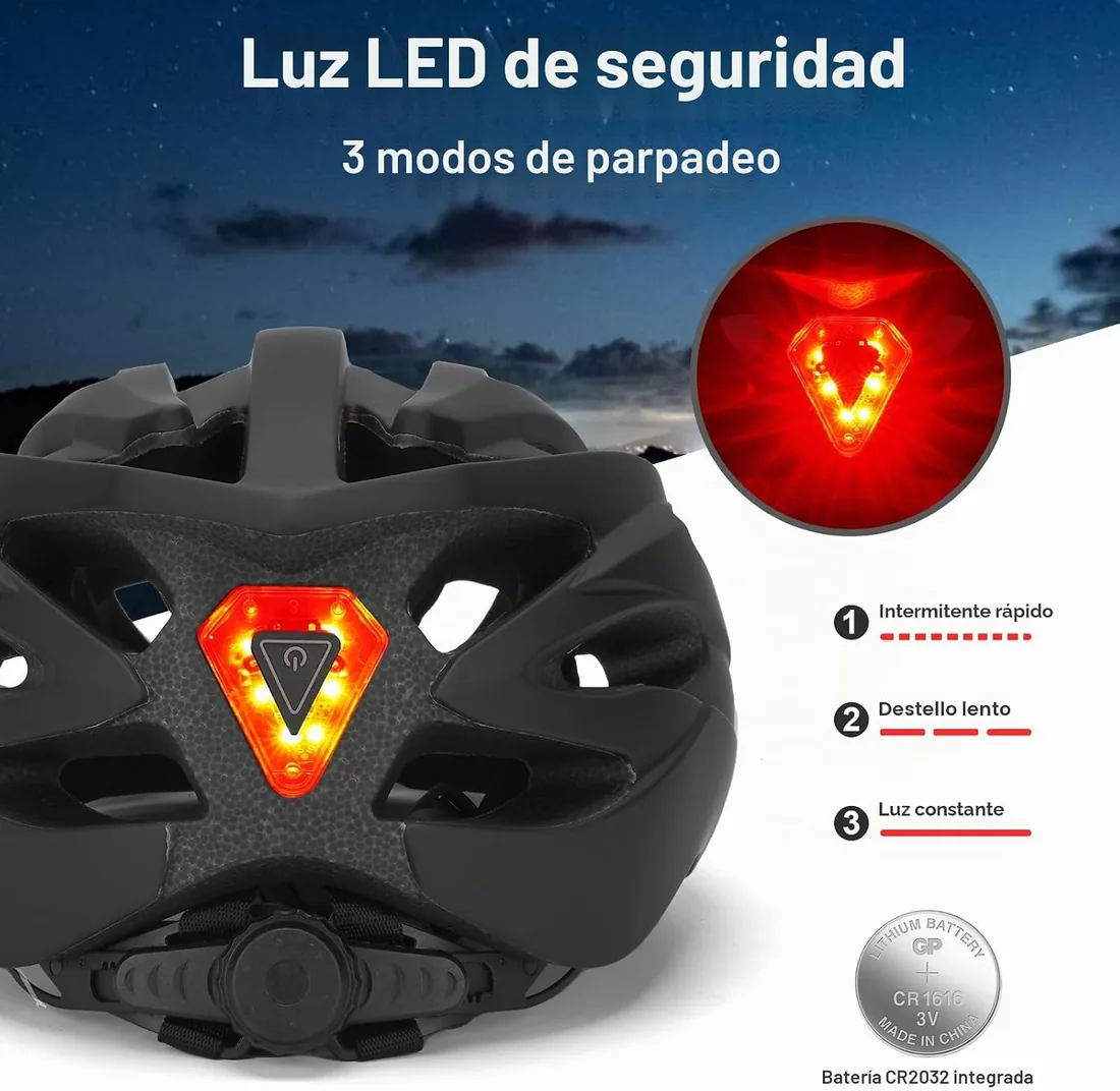 Casco Bici LED Ventilación Ajustable 57-61cm | Ligero 260g, 21 ventilaciones, EPS absorción, acolchado lavable, urbano/montaña foto 2