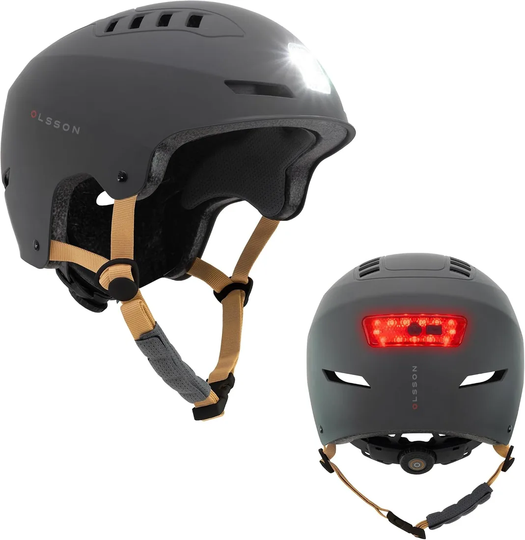 Casco con luz OLSSON Urban Light, Ajustable, Homologado y Resistente Impactos 360º,LED Frontal+Trasero, Forro Desmontable, ventilación, Apto para patinetes,Patines,Bicicletas