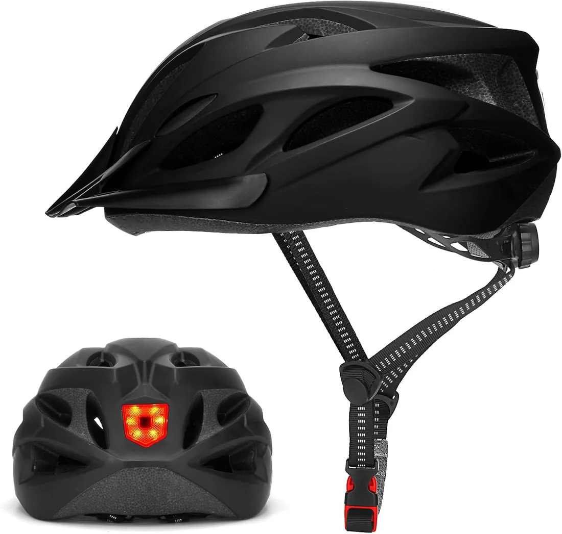 Casco de bicicleta para hombre y mujer, casco de ciclismo con luz para adultos, unisex, casco de bicicleta transpirable, casco de ciclismo de montaña, casco de carretera ajustable de 58-62 cm