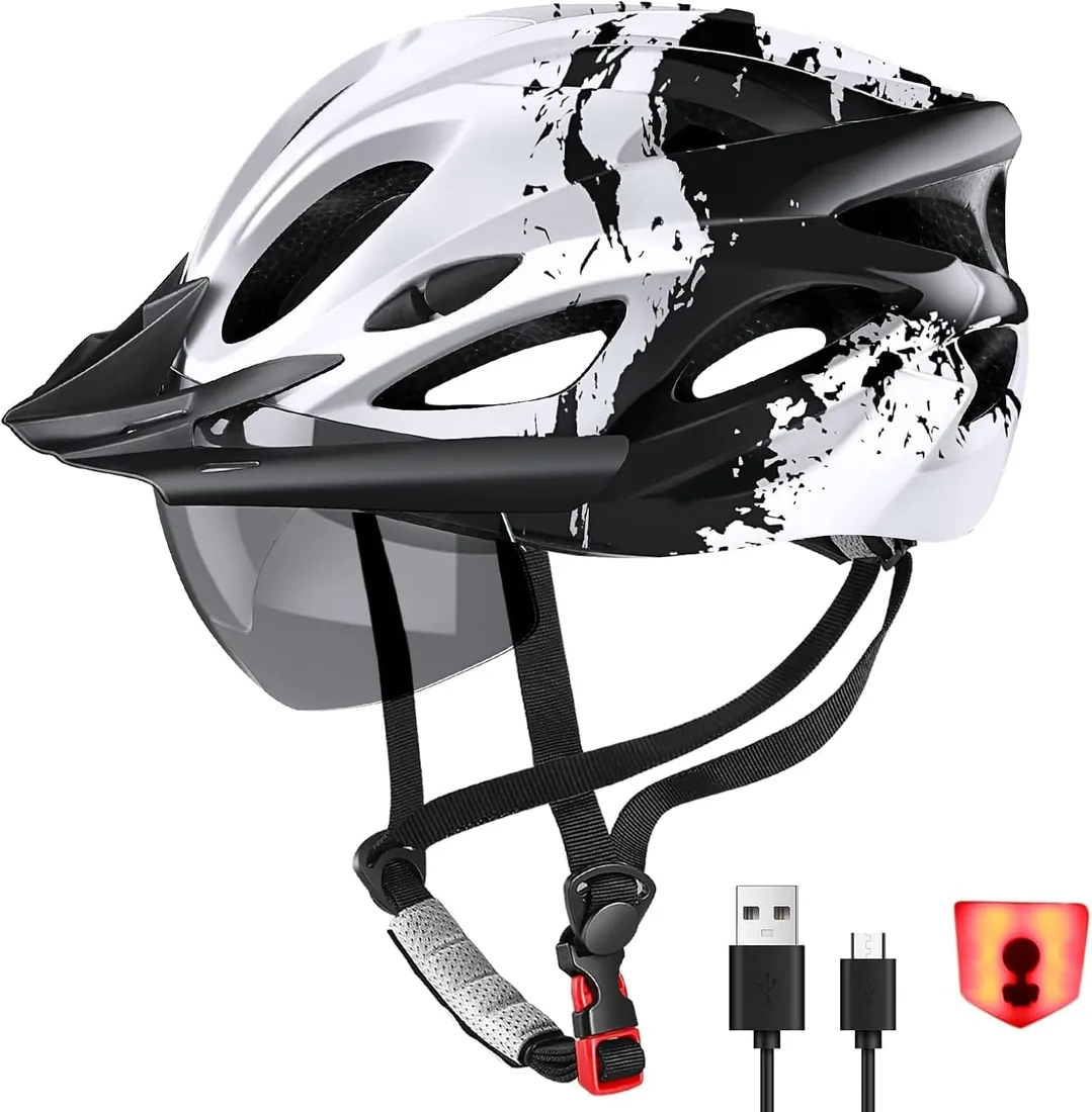 Casco de bicicleta para hombres y mujeres, casco de ciclismo ligero con luz LED, gafas magnéticas, visera solar, cascos de bicicleta de montaña y carretera para adultos, tamaño ajustable 57-62
