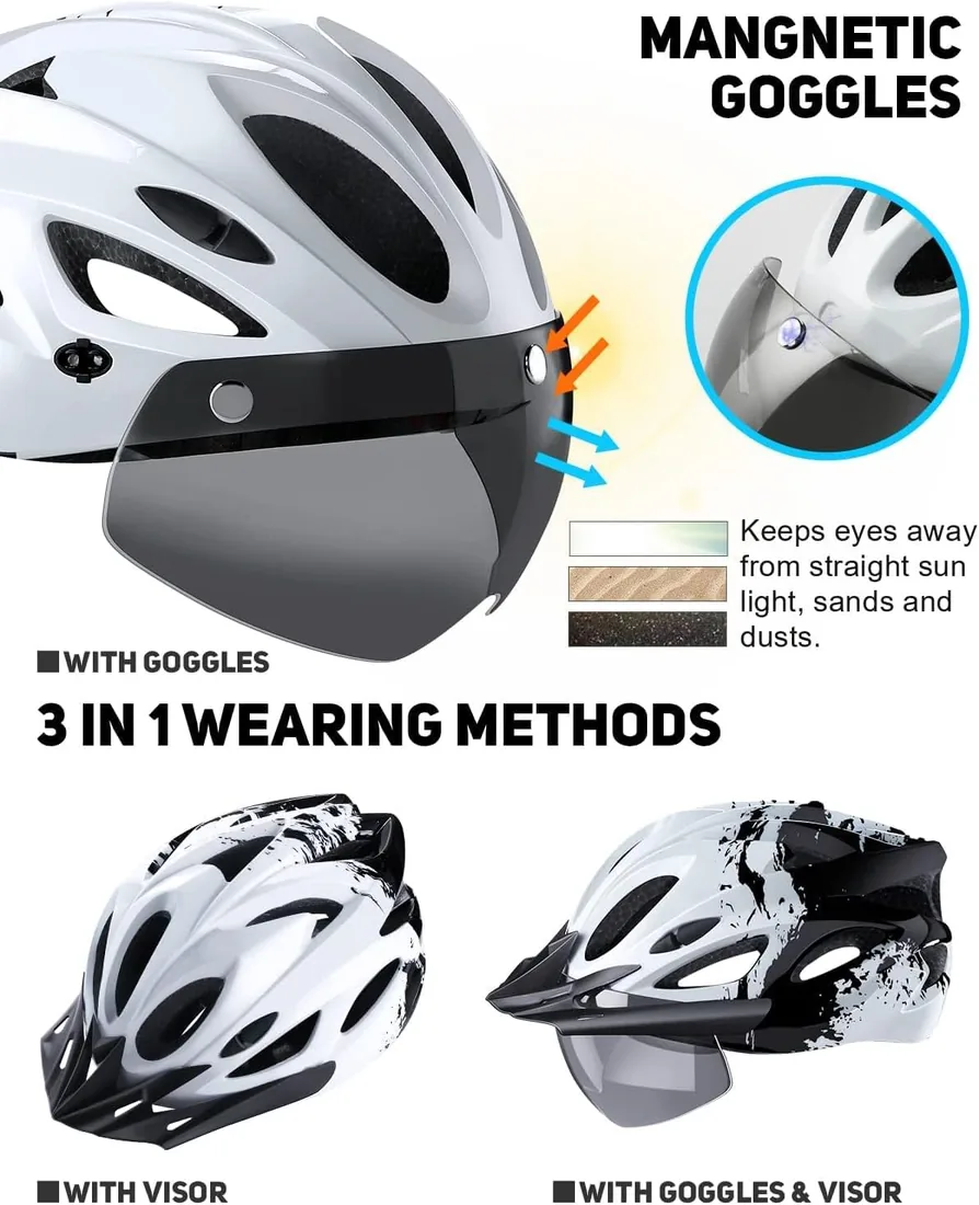 Casco de bicicleta para hombres y mujeres, casco de ciclismo ligero con luz LED, gafas magnéticas, visera solar, cascos de bicicleta de montaña y carretera para adultos, tamaño ajustable 57-62 foto 2
