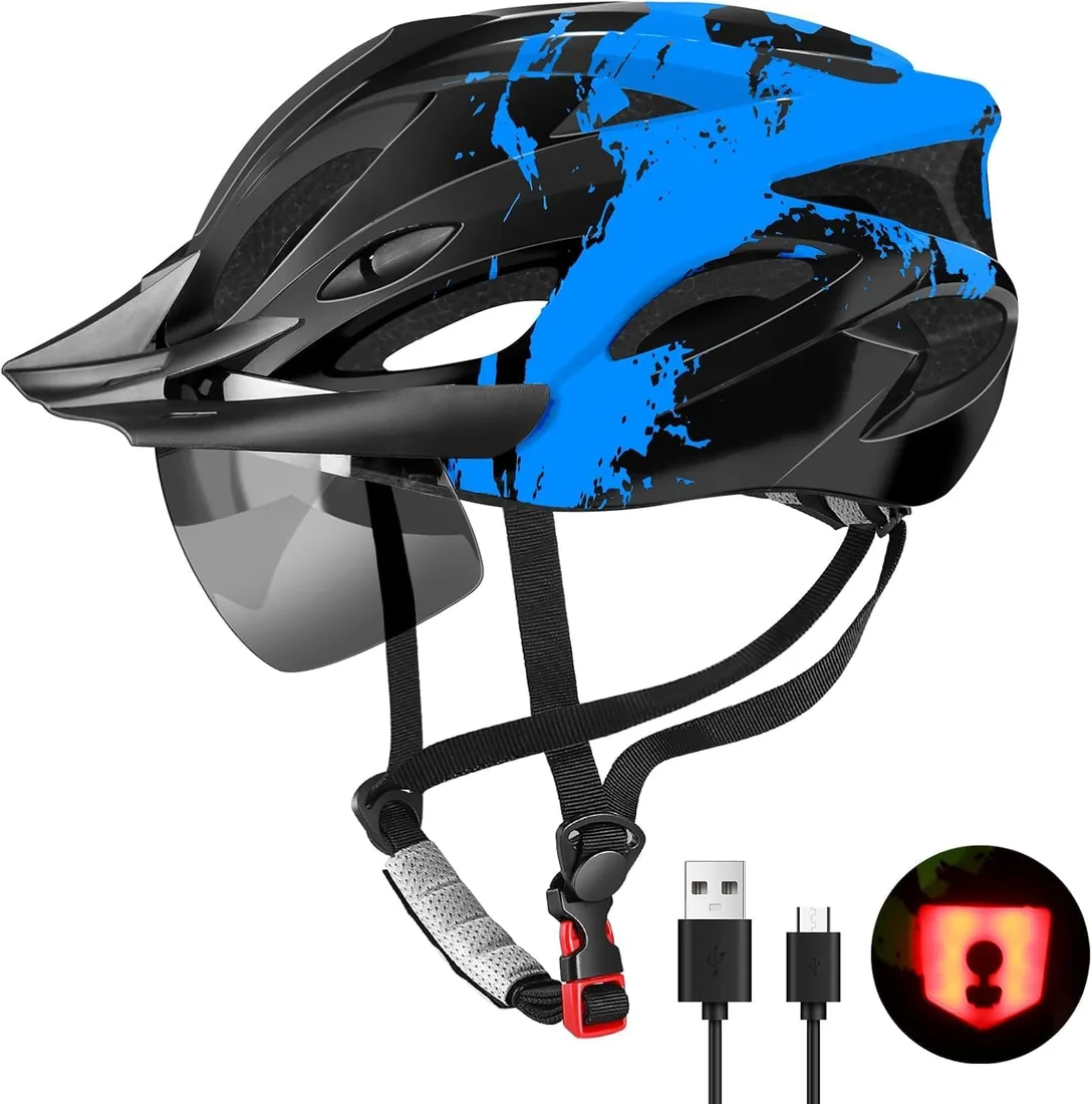 Casco de bicicleta para hombres y mujeres, casco de ciclismo ligero con luz LED, gafas magnéticas, visera solar, cascos de bicicleta de montaña y carretera para adultos, tamaño ajustable 57-62 foto 3