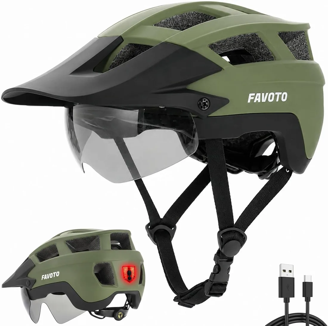 Favoto Casco Bicicleta con Luz, Visera, Casco MTB para Hombre | Casco BTT con Gafas Magnéticas, Luz USB, Protección CE EN 1078 para MTB, Carretera & E-Bike, L (59-61cm)