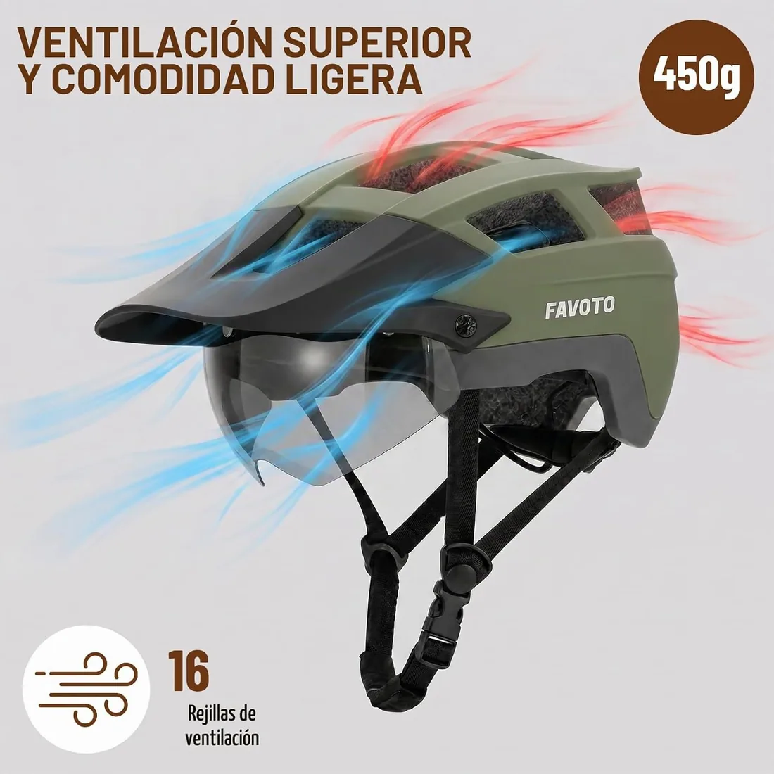 Favoto Casco Bicicleta con Luz, Visera, Casco MTB para Hombre | Casco BTT con Gafas Magnéticas, Luz USB, Protección CE EN 1078 para MTB, Carretera & E-Bike, L (59-61cm) foto 2