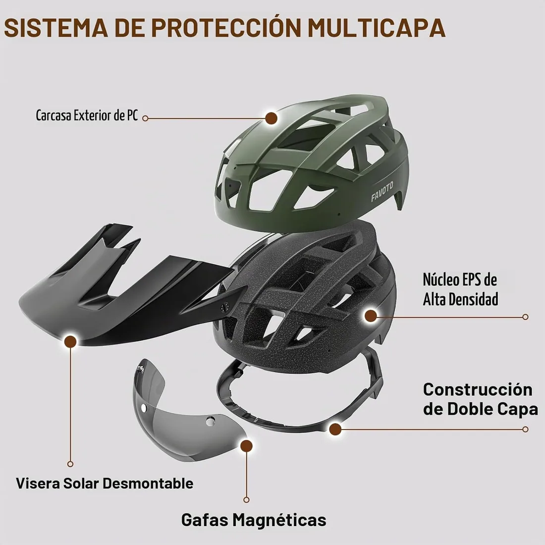 Favoto Casco Bicicleta con Luz, Visera, Casco MTB para Hombre | Casco BTT con Gafas Magnéticas, Luz USB, Protección CE EN 1078 para MTB, Carretera & E-Bike, L (59-61cm) foto 3