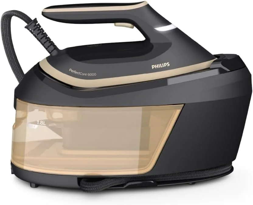 Philips PerfectCare Serie 6000 Centro de planchado a vapor - 2400 W, salida de vapor 600 g, presión 8 bares, tecnología OptimalTEMP, depósito de agua de 1,8 litros, negro (PSG6064/80)