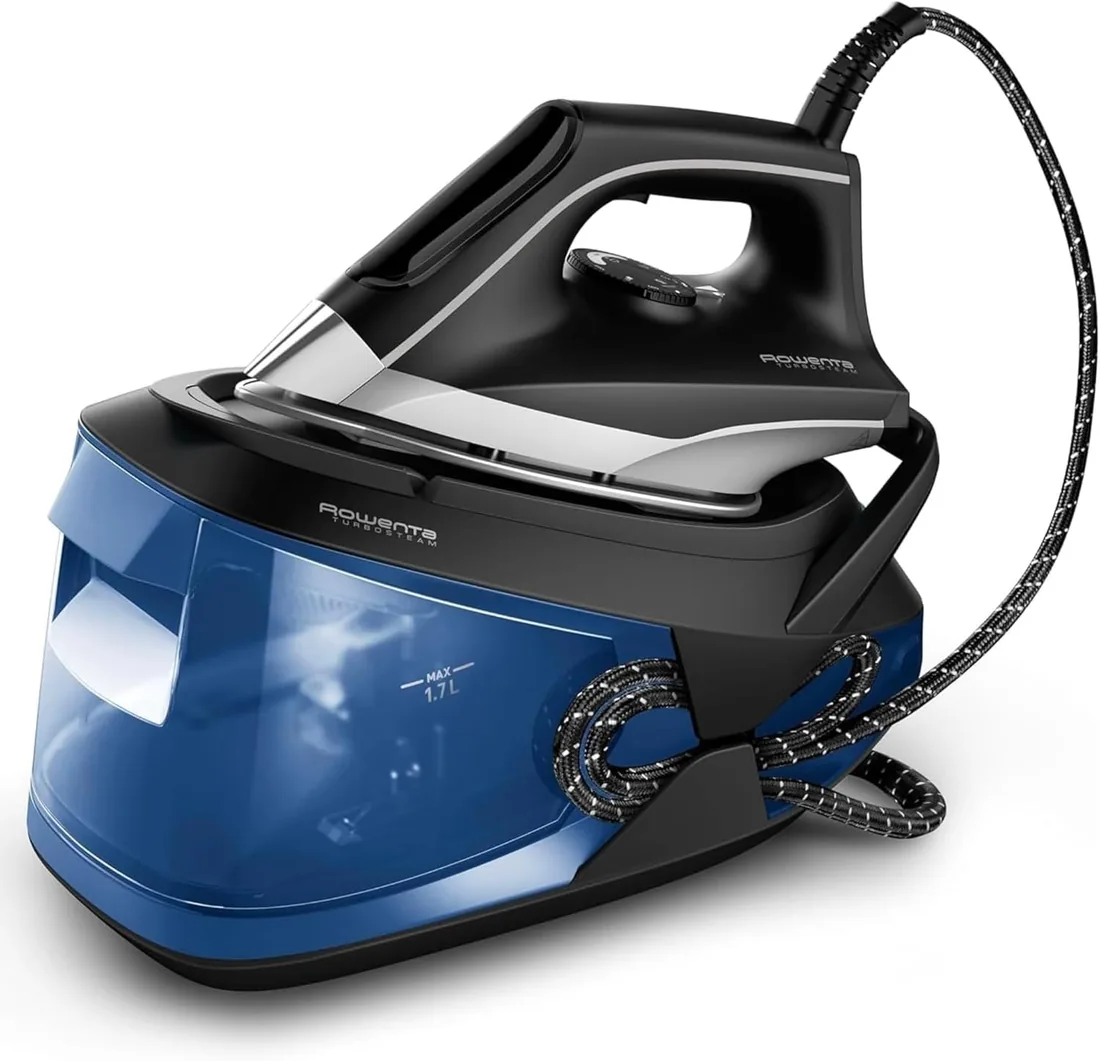 Rowenta Turbosteam, Centro de planchado, Golpe vapor 350g/min, Negro/Azul | Potencia de 2600W, Salida vapor 120g/min, Suela MicroSteam 400 láser, 6,5 bares, Diseño compacto, Depósito de 1,7L, VR8325