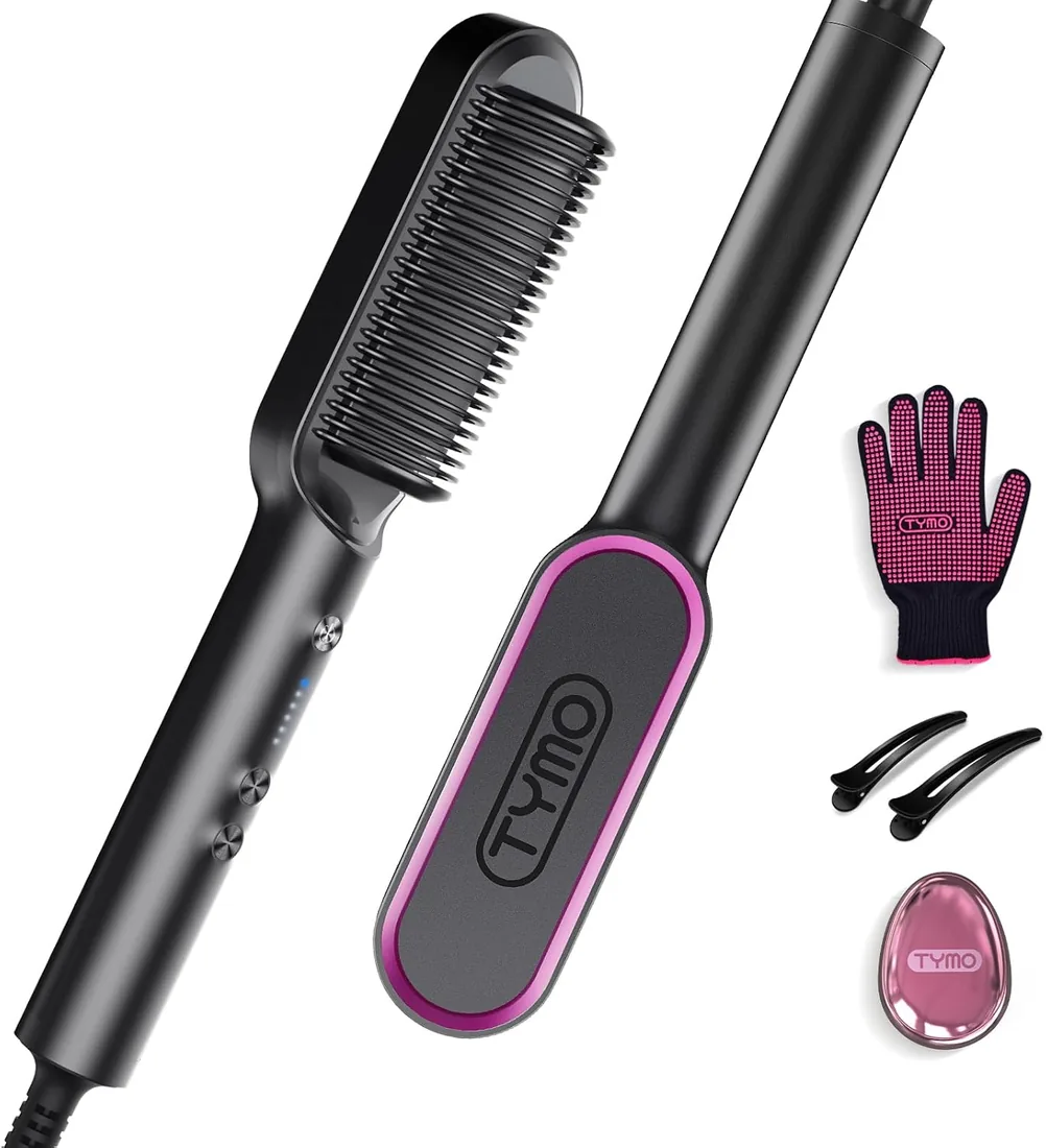 TYMO RING Cepillo Alisador Pelo - Planchas de Pelo Profesional, 5 Temperaturas, 130°C-210°C, Calentamiento Rápido, Protección Antiquemaduras, Anti Encrespamiento,Apagado Automático,Doble Voltaje,Negro