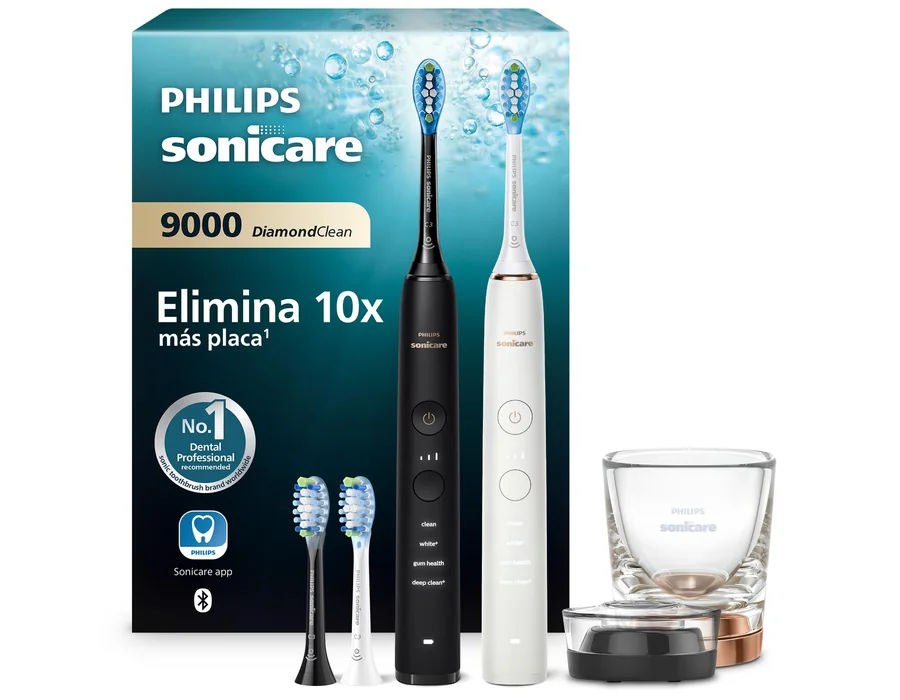 Philips Sonicare DiamondClean 9000 cepillo dental eléctrico, paquete doble, cepillo dental sónico con aplicación, sensor de presión, vaso de carga, negro y oro rosa, modelo HX9914/
