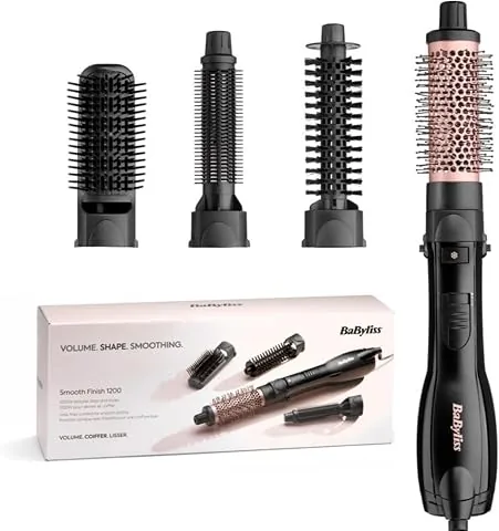 BaByliss Smooth Finish 1200 – Cepillo de Aire Caliente 4-en-1 para Secar, Alisar, Dar Volumen y Moldear, Tecnología Iónica & Cerámica, 4 Accesorios, 1200W, Negro/Rosa, AS122E foto 2