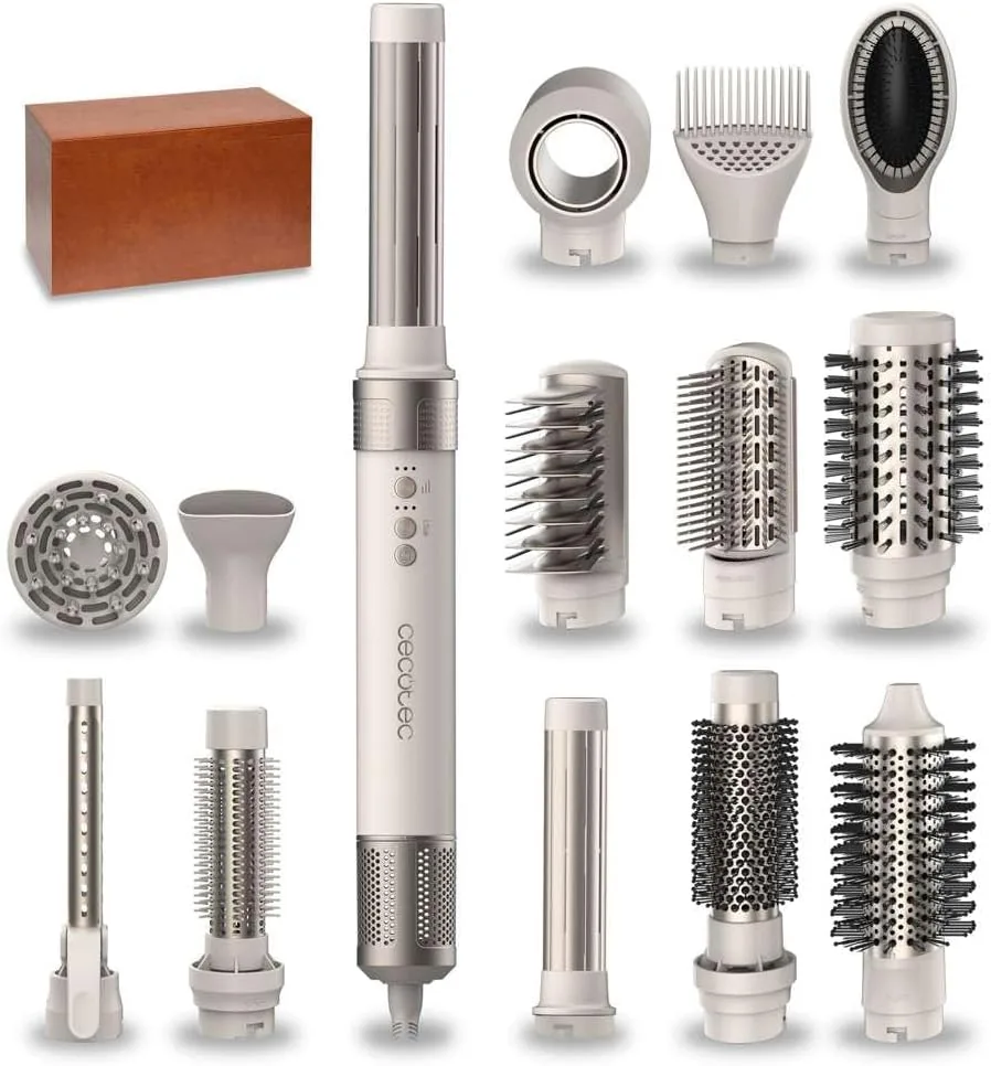 Cecotec Cepillo de Aire Caliente Secador Moldeador Alisador con 14 Cabezales Tecnología Coanda CeramicCare 14in1 AirGlisse Champagne. 1400W, Motor Digital, Elimina el Frizz, 3 Temperaturas
