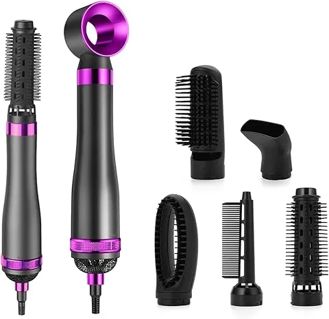 Cepillo de Aire Air Styler Set,Cepillo de Aire Caliente, Moldeador, Tecnología Ion, 3 Temperaturas Cepillo Moldeador De Pelo, Cepillo Secador Pelo With Riza, Alisa y Seca (Black, 5 Cabezales)
