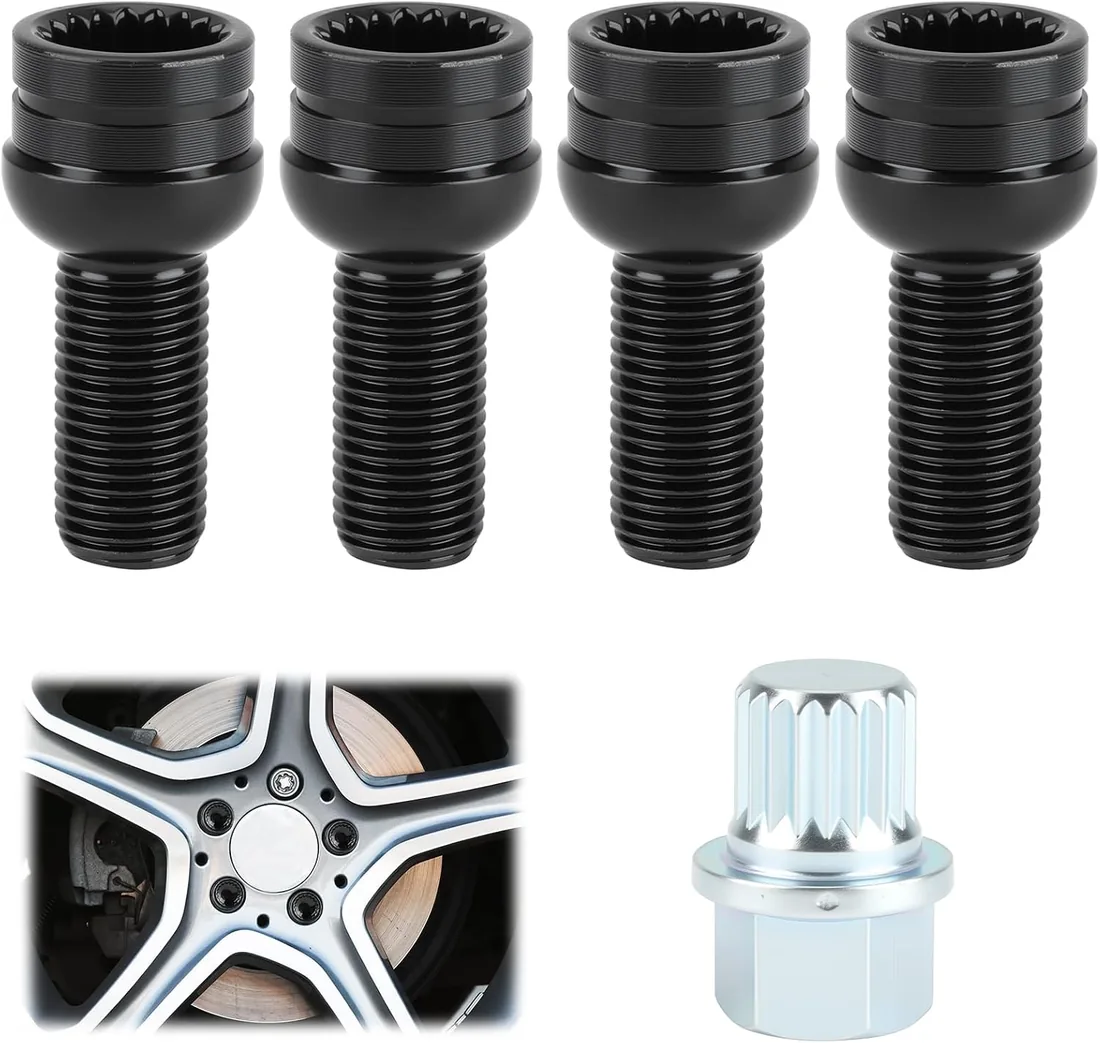 4 Pcs M14*1.5mm Juego de Pernos de Rueda de Acero al Carbono Negro y Tuerca de Seguridad con Llave，para protección y seguridad de las ruedas