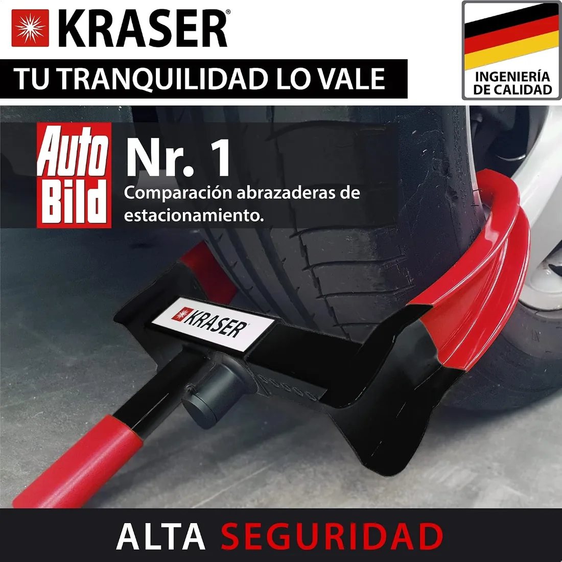 KRASER KR820 Cepo Coche Antirrobo, N1 Alemania, Testado Anti Taladro, Protección Que tranquiliza, Inmovilizador Cepo Rueda, Antirrobo Coche, Universal Caravana, Remolque, SUV, Furgoneta, Moto foto 2