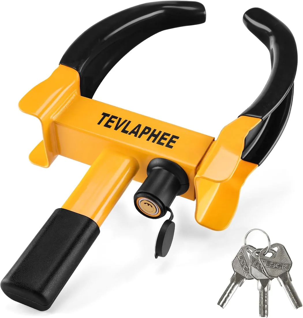 Tevlaphee Cepo Antirrobo Rueda Coche Remolque Caravana Reforzado Universal Ajustable Protección PVP Cerradura Antitaladro(Negro & Amarillo)
