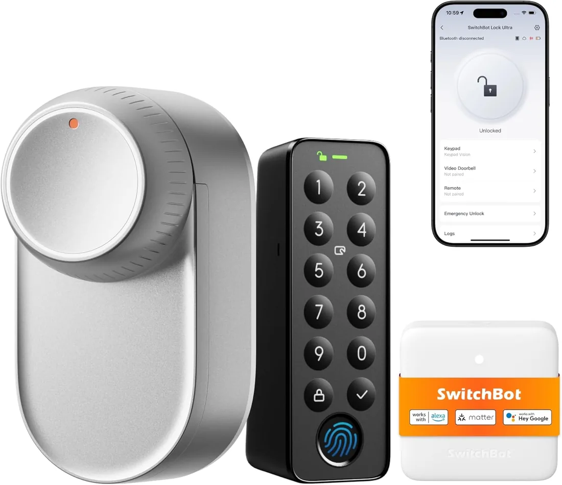 SwitchBot Lock Ultra, Cerradura Inteligente WiFi con Teclado De Pantalla Táctil, Huella Dactilar, Cerradura Electrónica con Batería Recargable, Compatible con Cilindro Europeo, Matter/Alexa/Google