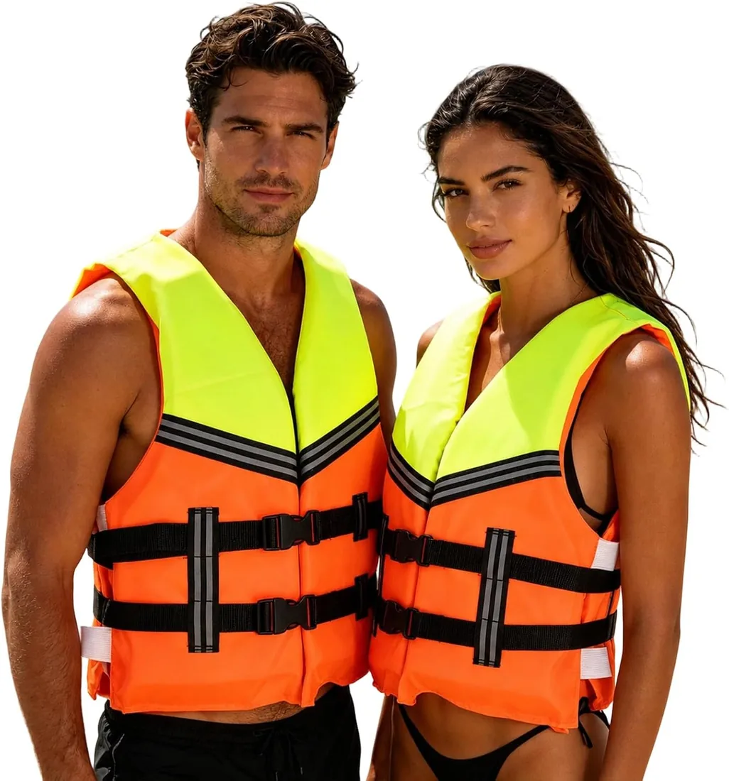 Chaleco deportivo acuático para adultos, estilo naranja de flotabilidad de alta visibilidad, correas negras, hebillas delanteras, forma sin mangas, capa casual sin mangas para navegación, práctica de foto 2