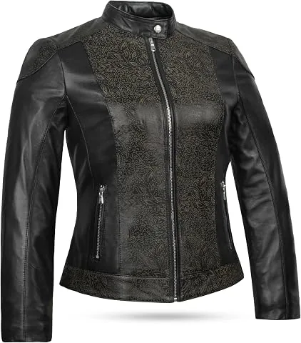 Chaqueta de cuero negro para mujer de piel de cordero – Corte entallado, suave cuero napa, forro de satén, detalles de cremallera plateados y bolsillos funcionales foto 2