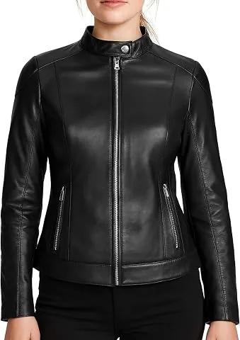 Chaqueta de cuero negro para mujer de piel de cordero – Corte entallado, suave cuero napa, forro de satén, detalles de cremallera plateados y bolsillos funcionales foto 3