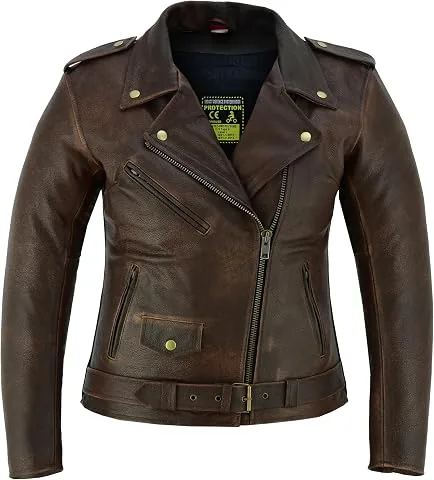 Chaqueta de moto de cuero Marlon Brando para mujer - Chaqueta de moto de turismo para mujer con protección CE (EN 1621-1) Marrón - M