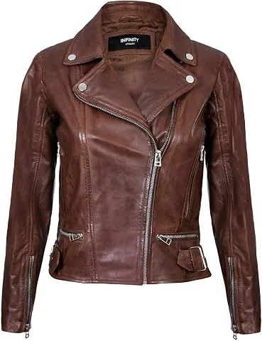 Señoras Para Mujer de Cuero real Marrón Equipado con Chaqueta de Moda con Cremallera Estilo Motorista XL