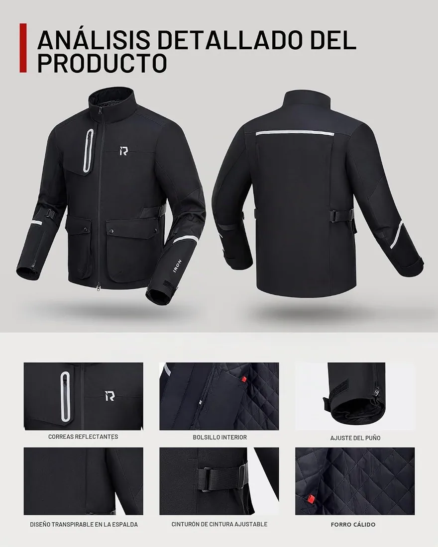 RIDEIRON Chaqueta moto hombre con Protección CE,chaqueta moto invierno con forro extraíble para proteger del frío y el viento en todas las estaciones,Negro foto 3