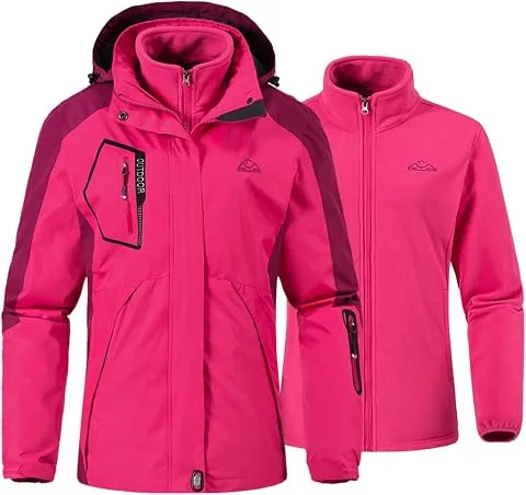 Chaqueta de esquí 3 en 1 para mujer, chaqueta de forro polar, impermeable, resistente al viento, cálida y funcional, para exteriores, con capucha desmontable foto 2