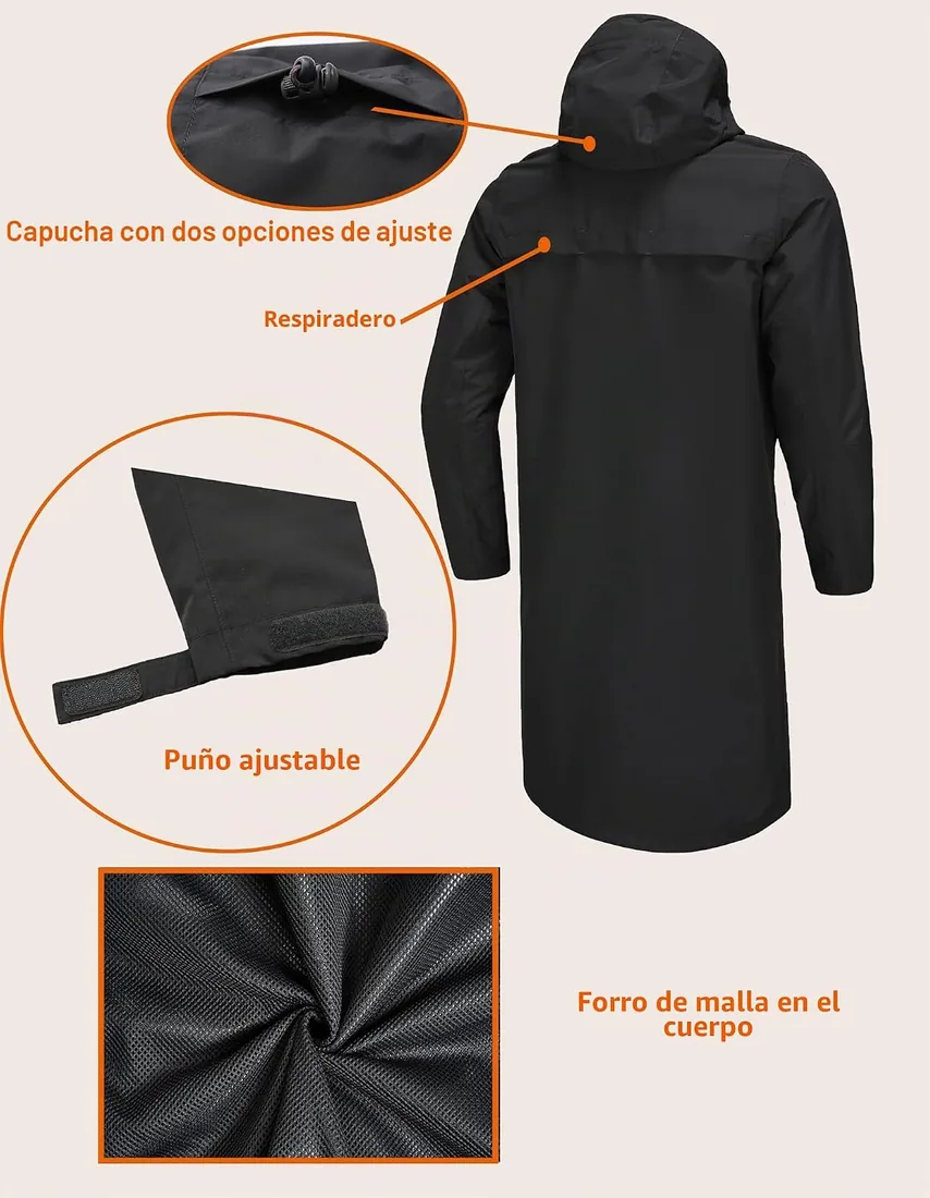 Chaqueta impermeable para hombre, impermeable, transpirable, larga con forro de malla con capucha foto 3