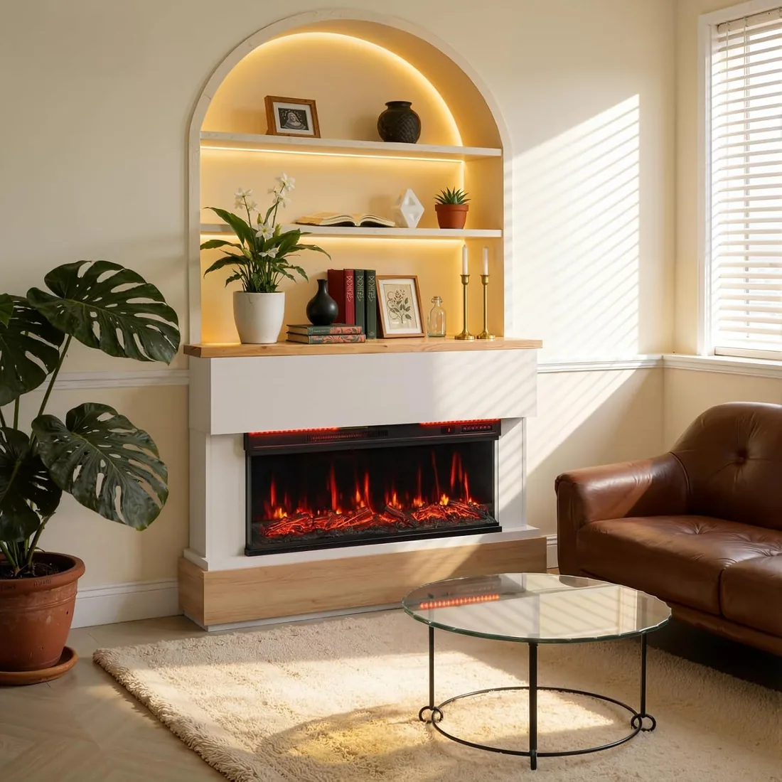 36" Chimenea Eléctrica con Calefacción, 1000W/2000W Chimenea Decorativa, 12 Colores de Llama 3D, Control Remoto, Incluido Mueble Chimenea, con Tira de LED