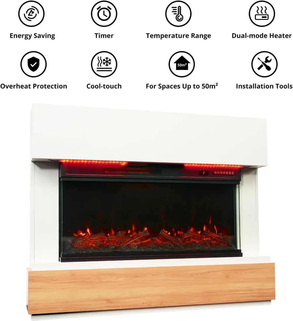 36" Chimenea Eléctrica con Calefacción, 1000W/2000W Chimenea Decorativa, 12 Colores de Llama 3D, Control Remoto, Incluido Mueble Chimenea, con Tira de LED foto 2