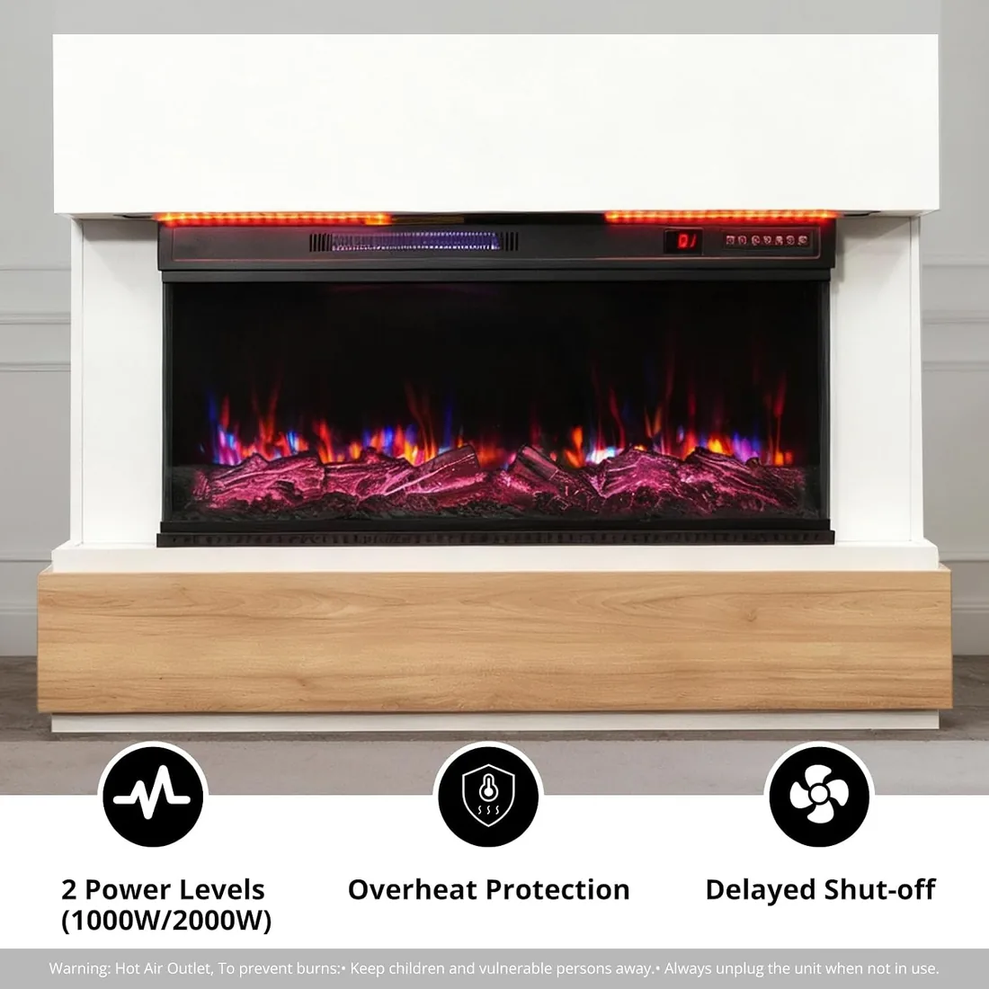 36" Chimenea Eléctrica con Calefacción, 1000W/2000W Chimenea Decorativa, 12 Colores de Llama 3D, Control Remoto, Incluido Mueble Chimenea, con Tira de LED foto 3