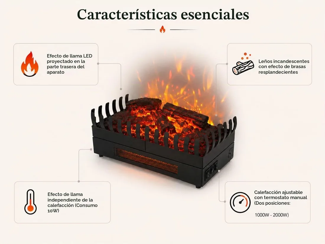 CHEMIN'ARTE Chimenea eléctrica con Efecto Llama Leds, Chimenea Decorativa, con calefacción, bajo Consumo, Inserto de Chimenea, 67x23x24cm foto 3