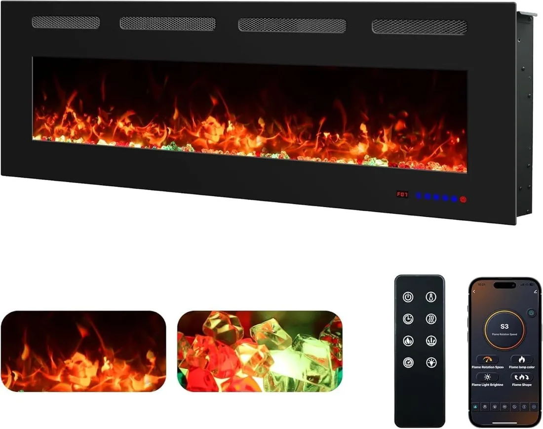 Chimenea Eléctrica de Pared Weka Fireplace WiFi, Ultrafina - 7,5 cm, Vidrio Templado, Sin Humo, Control Remoto y Pantalla Táctil, Calefacción 750/1500W, 13 Colores de Llama (127 cm App New)