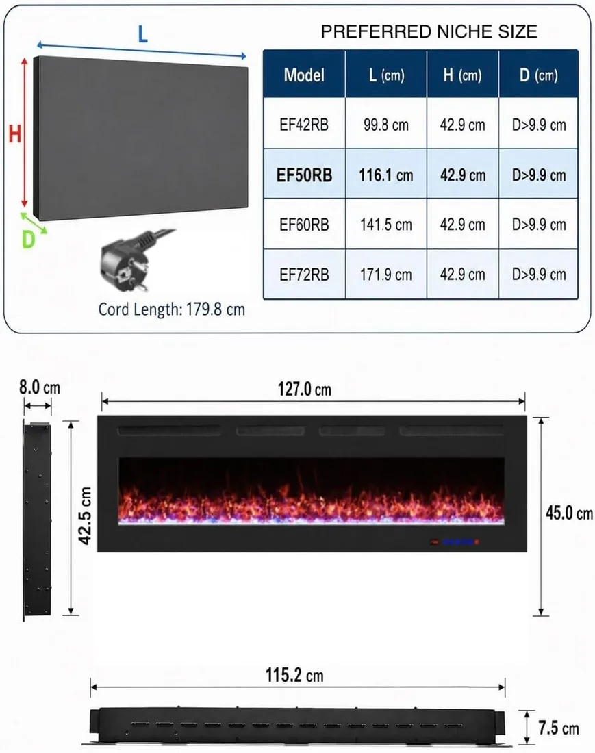 Chimenea Eléctrica de Pared Weka Fireplace WiFi, Ultrafina - 7,5 cm, Vidrio Templado, Sin Humo, Control Remoto y Pantalla Táctil, Calefacción 750/1500W, 13 Colores de Llama (127 cm App New) foto 3