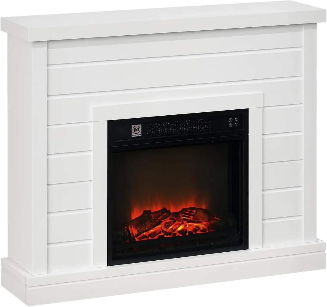 HOMCOM Chimenea Eléctrica con Efecto de Llama Control Remoto Blanco | Chimenea Decorativa, Calefacción 1800 W, Temporizador Semanal, Protección Contra Sobrecalentamiento