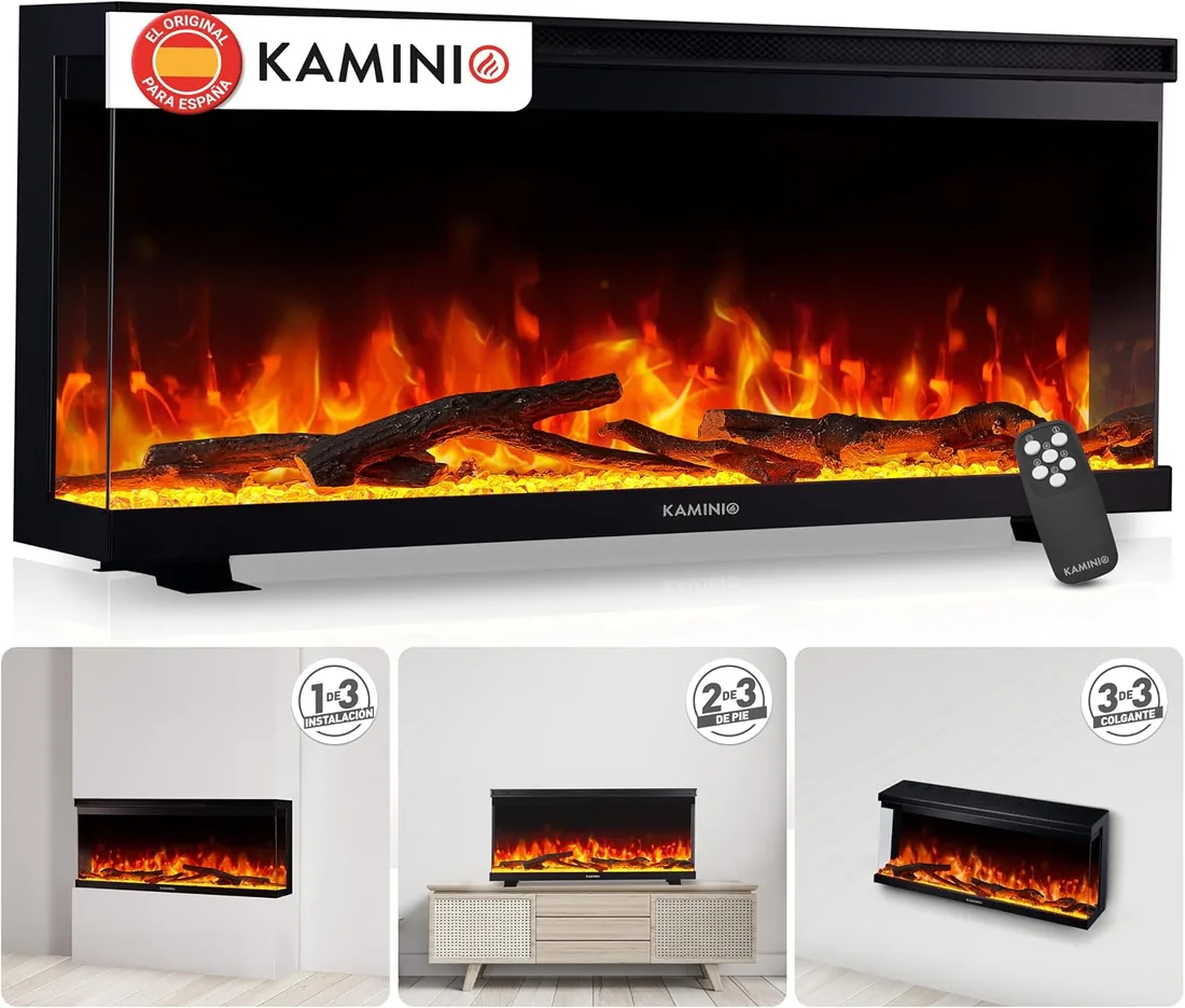 KAMINIO® Lea Pro 36 Chimenea eléctrica Decorativa con Calefactor | 3 en 1 chimenea empotrable, colgante o de pie, vista panorámica con efecto fuego, termostato y mando a distancia, negro