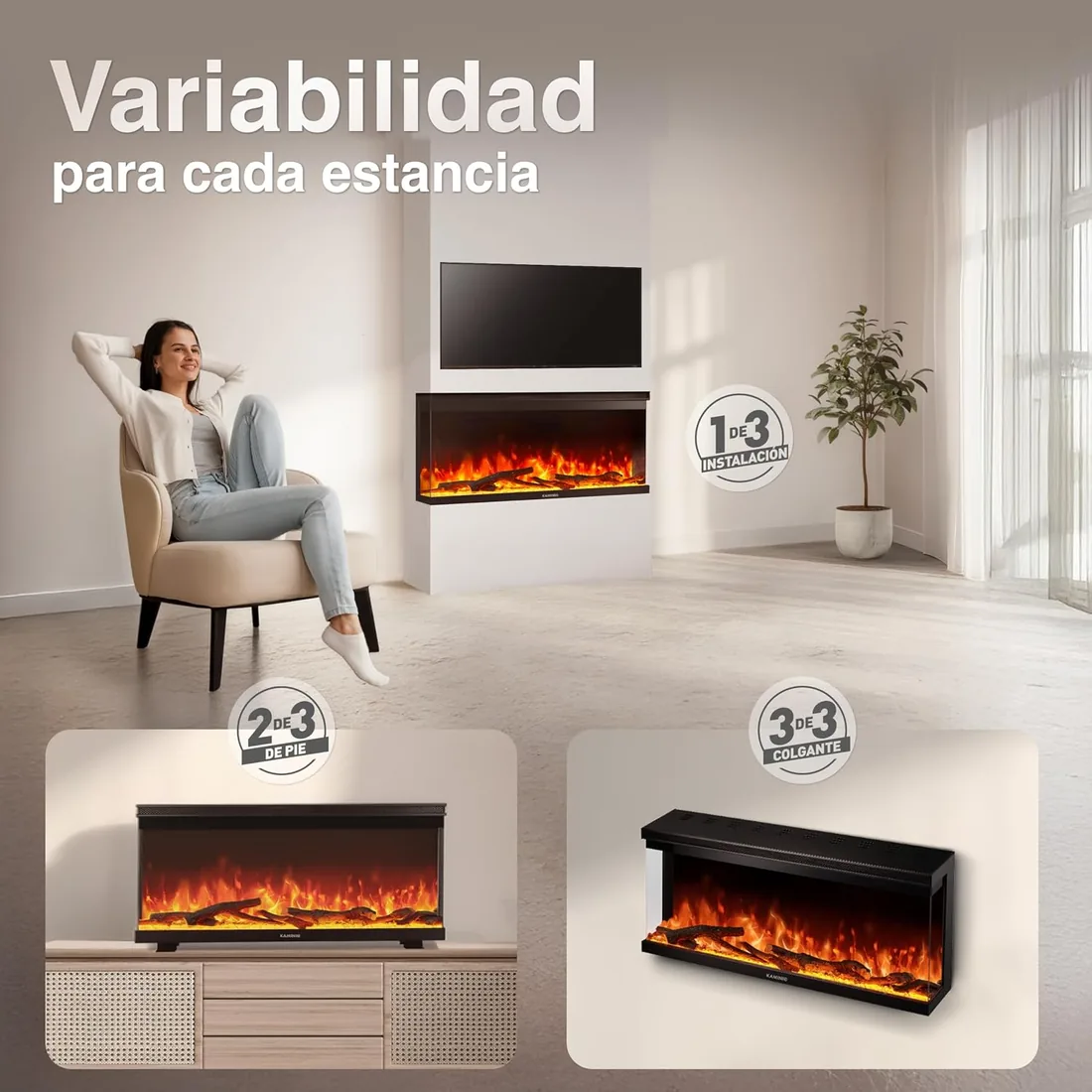 KAMINIO® Lea Pro 36 Chimenea eléctrica Decorativa con Calefactor | 3 en 1 chimenea empotrable, colgante o de pie, vista panorámica con efecto fuego, termostato y mando a distancia, negro foto 2