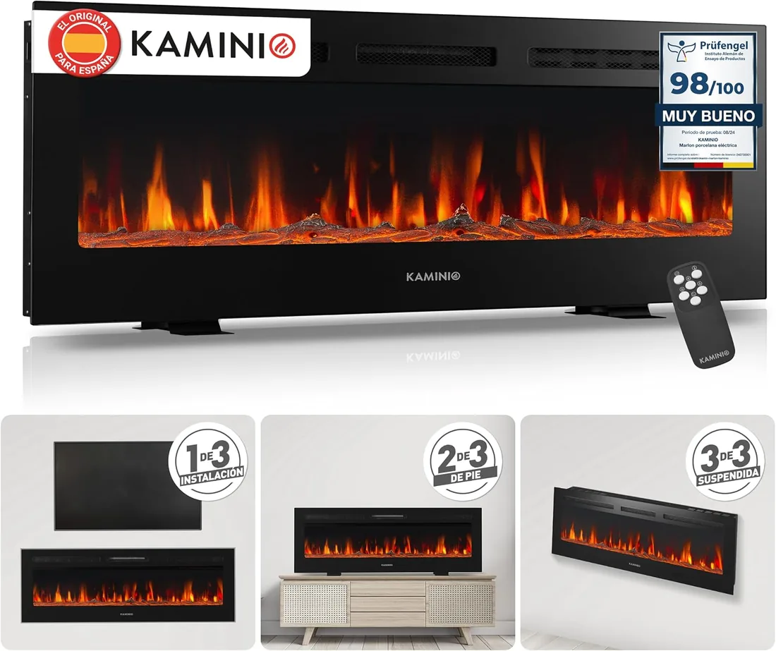 KAMINIO® Marlon Pro 50 Chimenea eléctrica Decorativa con Calefactor | 3 en 1 chimenea empotrable, colgante o de pie, con efecto fuego, termostato, temporizador y mando a distancia, negro