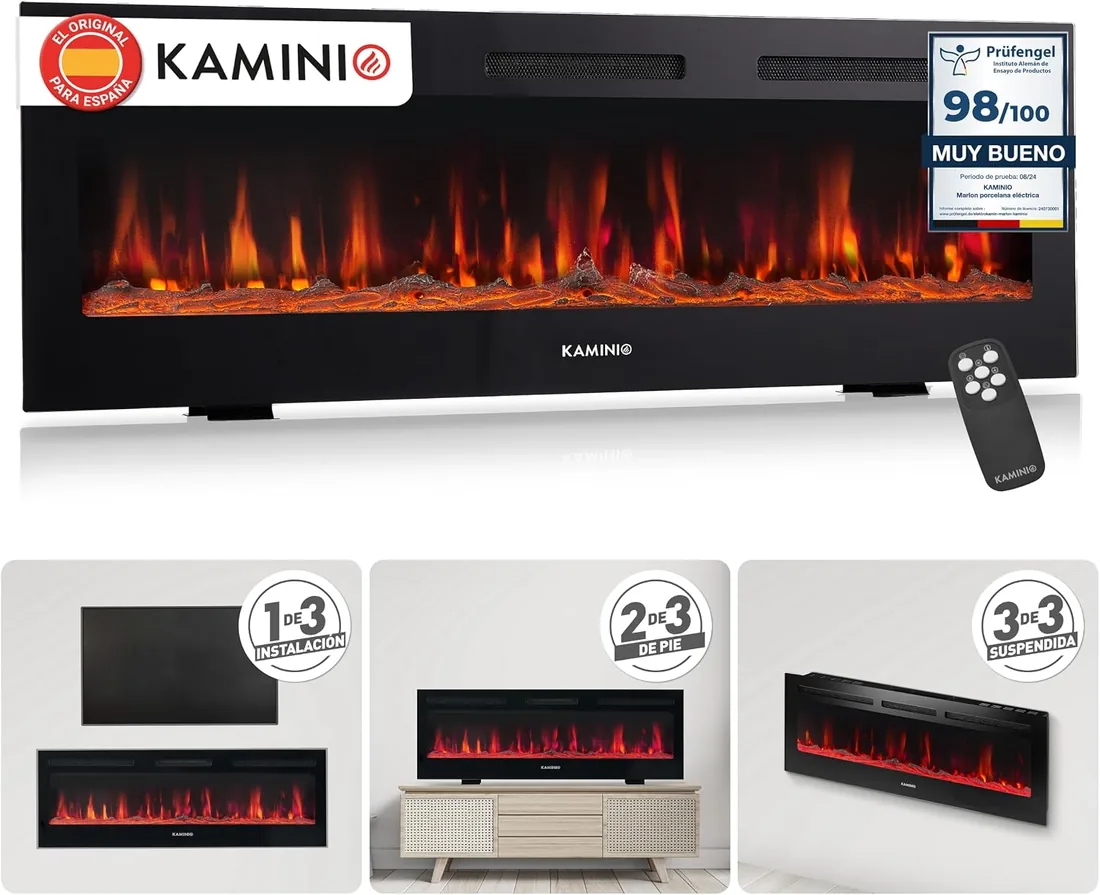 KAMINIO® Marlon Pro 60 Chimenea eléctrica Decorativa con Calefactor | 3 en 1 chimenea empotrable, colgante o de pie, con efecto fuego, termostato, temporizador y mando a distancia, negro