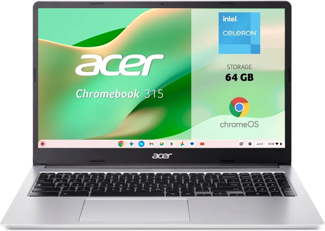 acer Chromebook 315-4H - Ordenador Portátil de Google 15.6" FullHD (Intel Celeron N4500, 8GB RAM, 64GB eMMc, Chrome OS) Plata, QWERTY + 3 Meses de Google AI Pro con Gemini Pro y 2TB de Almacenamiento