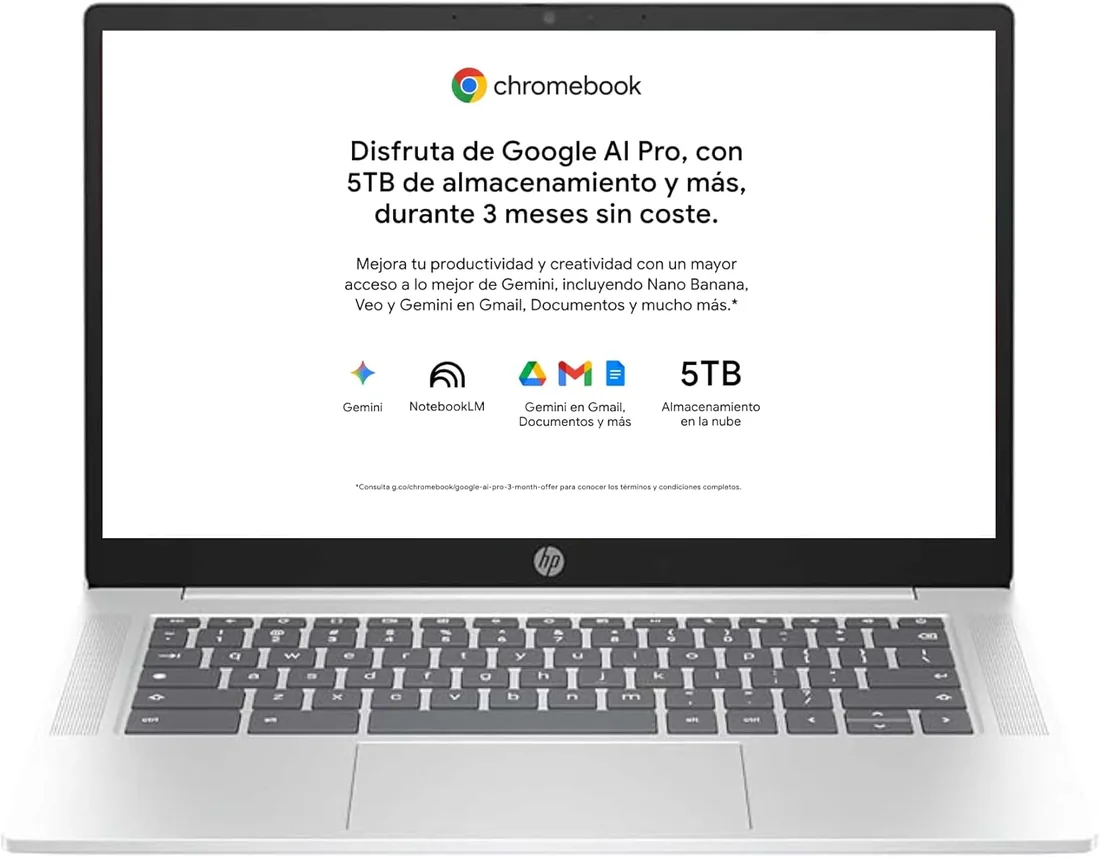 HP Chromebook - Ordenador portátil de Google 14" FHD (Intel N100, 8GB RAM, 128GB eMMC, ChromeOS) + Suscripción Google AI Pro con Gemini Pro y 5TB de Almacenamiento Durante 3 Meses - QWERTY Español foto 2