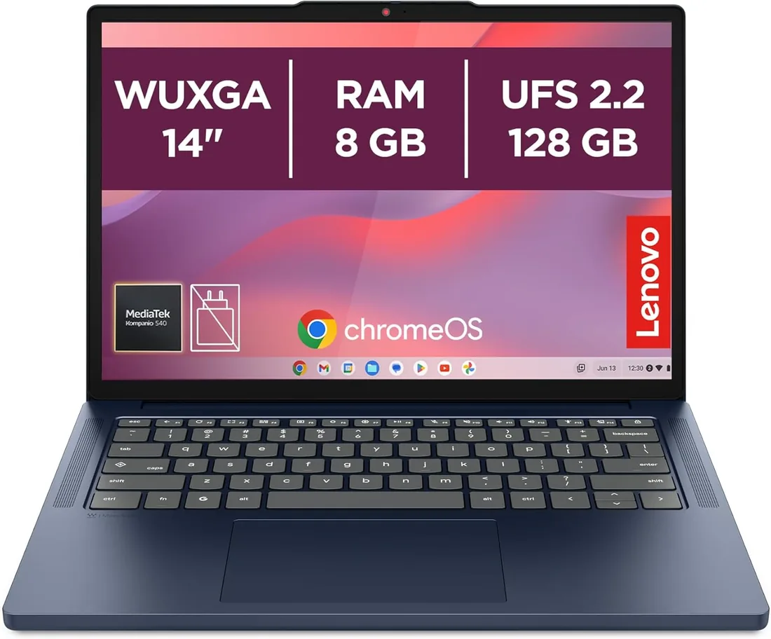 Lenovo Chromebook Gen 11 - Ordenador Portátil 14" WUXGA (MediaTek Kompanio 540, 8 GB RAM, 128 GB UFS 2.2, ChromeOS) QWERTY Español, Azul + 3 Meses Google AI Pro con Gemini Pro y 5TB foto 2